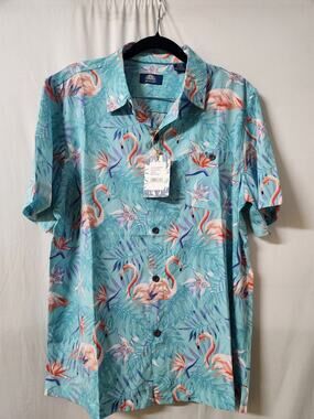 Havana Jim Flamingo Hawaiian Shirt Men’s Medium Blue Tropical Button Front NWT